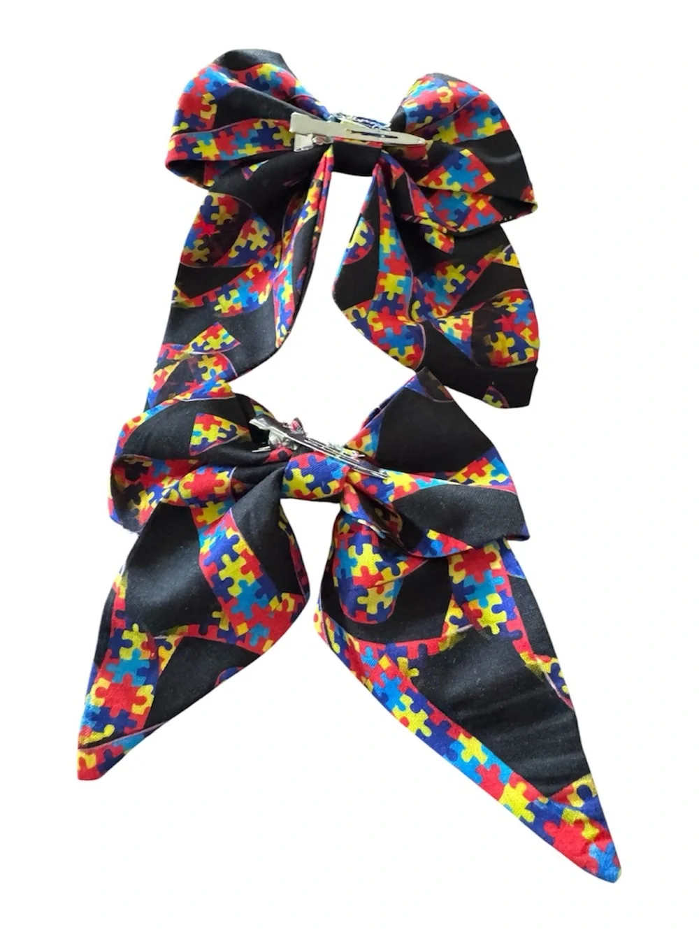 Autism Awareness Puzzle Ribbon Bow Hair Clips- Black Multicolor